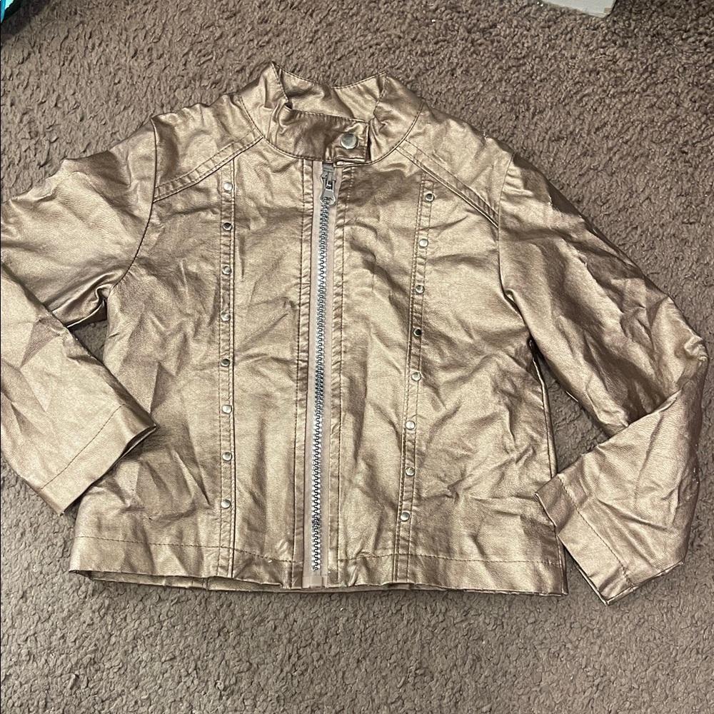 Gently used Little Lass Metallic Gold Zip-Front Leather Jacket 3t